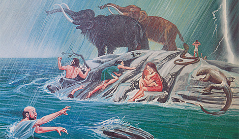 Óttaslegið fólk og dýr í flóðinu