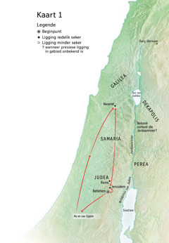 Kaart met plekke wat met Jesus se lewe verband hou: Betlehem, Nasaret, Jerusalem