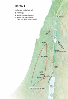 Hartë e vendeve që lidhen me jetën e Jezuit: Betlehem, Nazaret, Jerusalem