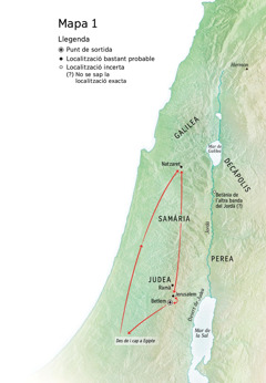 Mapa de llocs relacionats amb la vida de Jesús: Betlem, Natzaret, Jerusalem