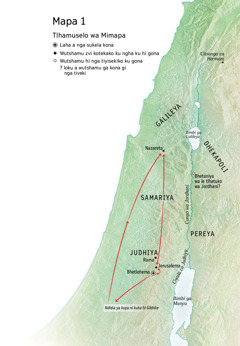 Mapa wa matshamu ma yelanako ni wutomi ga Jesu: Bhetlehema, Nazareta, Jerusalema