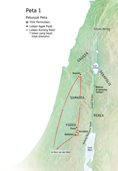 Peta mengenai kehidupan Yesus: Betlehem, Nasaret, Yerusalem