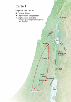 Carte indiquant des lieux associés à la vie de Jésus : Bethléem, Nazareth, Jérusalem