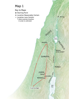 Map of locations related to Jesus’ life: Bethlehem, Nazareth, Jerusalem