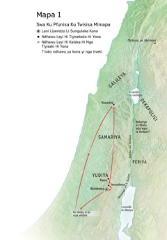Mapa lowu kombisaka tindhawu leti Yesu a nga va ka tona: Betlehema, Nazareta, Yerusalema
