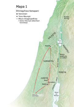 Mapa a mimburo dhinlogiwa mmapadduwoni a mwigumimini mwa Yezu: Belemi, Nazareti, Jeruzalemi