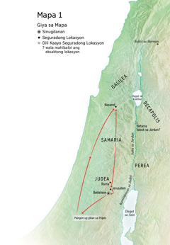 Mapa sa mga lokasyon nga konektado sa kinabuhi ni Jesus: Betlehem, Nasaret, Jerusalem