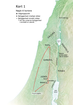Kort over steder der har forbindelse med Jeus liv: Betlehem, Nazaret, Jerusalem