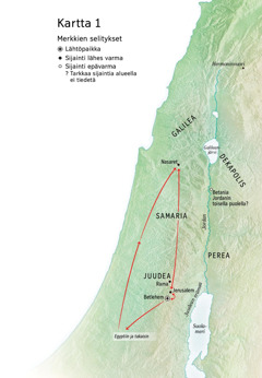 Kartassa Jeesuksen elämään liittyviä paikkoja: Betlehem, Nasaret, Jerusalem
