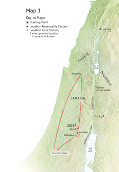 Map of locations related to Jesus’ life: Bethlehem, Nazareth, Jerusalem