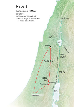 Mape ni so na vanua a tiko voli kina o Jisu: Peceliema, Nasareci, Jerusalemi