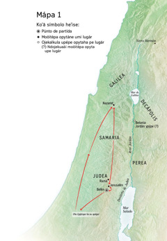 Mápa ohechaukáva moõpa oĩ umi lugár oñeñeʼẽhápe Jesús rehe: Belén, Nazaret ha Jerusalén