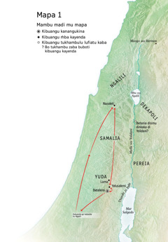 Mapa yimmonisa bibuangu Yesu kaviokila bo kaba va ntoto: Betelemi, Nazaleti, Yelusalemi