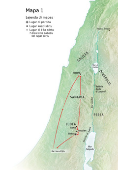 Mapa di kes lugar ki sta ligadu ku vida di Jizus: Belen, Nazaré, Jiruzalen