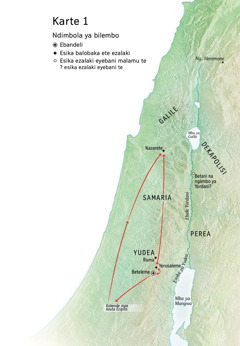 Karte ya bisika oyo ezali na boyokani na bomoi ya Yesu: Beteleme, Nazarete, Yerusaleme