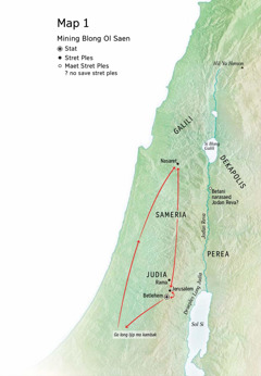 Map blong ol ples we i joen wetem laef blong Jisas: Betlehem, Nasaret, Jerusalem