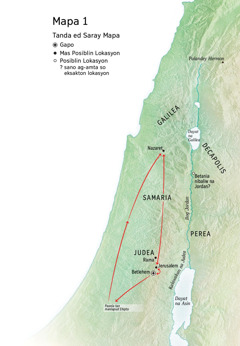Mapa na saray lokasyon ya mikonektaan ed bilay nen Jesus: Bethlehem, Nazaret, Jerusalem