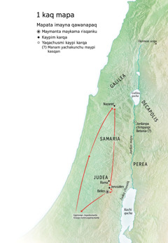 Belenpi, Nazaretpi hinaspa Jerusalenpi Jesuspa purisqanmanta mapa