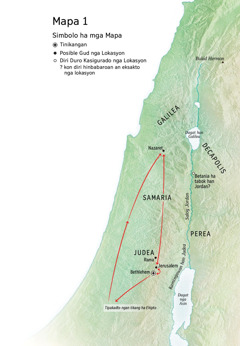 Mapa han mga lokasyon nga may kalabotan han kinabuhi ni Jesus: Bethlehem, Nazaret, Jerusalem