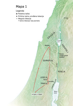 Mapa na kojoj su naznačena mesta u kojima je Isus boravio: Vitlejem, Nazaret i Jerusalim