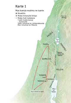 Karte ka miaba idi ipetangana ne nsombelu wa Yezu: Beteleheme, Nazaleta, Yelushalema