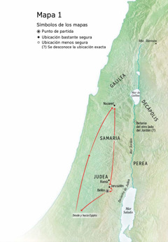 Mapa de lugares relacionados con la vida de Jesús: Belén, Nazaret, Jerusalén