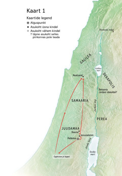Kaart Jeesuse eluga seotud kohtadest: Petlemm, Naatsaret, Jeruusalemm