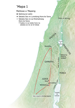 ’Mapa o bontšang libaka tseo Jesu a ileng a ba ho tsona: Bethlehema, Nazaretha, Jerusalema