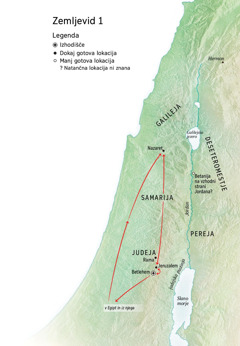 Zemljevid krajev, povezanih z Jezusovim življenjem: Betlehem, Nazaret, Jeruzalem