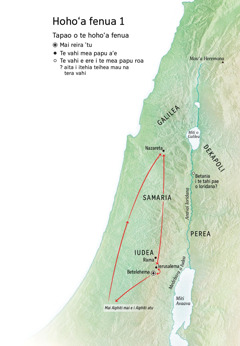 Te mau vahi i nia i te hohoˈa fenua e faaite ra i te oraraa o Iesu: Betelehema, Nazareta, Ierusalema