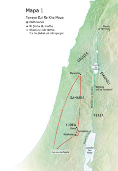 Mapa u sumbedzaho fhethu he Yesu a ya: Betlehema, Nazaretha, Yerusalema