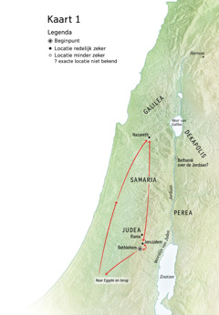 Kaart met plaatsen uit Jezus’ leven: Bethlehem, Nazareth en Jeruzalem