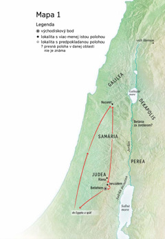 Mapa oblasti, kde žil Ježiš: Betlehem, Nazaret, Jeruzalem.