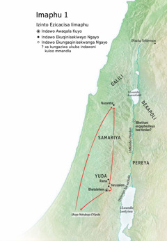 Map of locations related to Jesus’ life: Bethlehem, Nazareth, Jerusalem