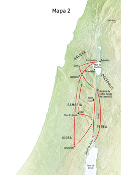 Mapa de llocs relacionats amb la vida de Jesús, com ara el riu Jordà i Judea