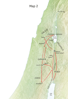 Map of locations in Jesus’ life including the Jordan River and Judea