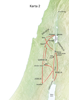 Karta na kojoj su naznačena mjesta u kojima je Isus boravio