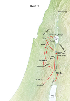 Kort over steder i forbindelse med Jesu liv, herunder Jordanfloden og Judæa