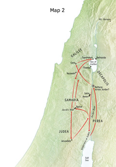 Map of locations in Jesus’ life including the Jordan River and Judea