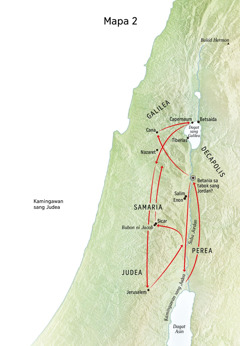 Mapa sang mga lokasyon sang mga hitabo sa kabuhi ni Jesus nga nagalakip sang Suba Jordan kag Judea