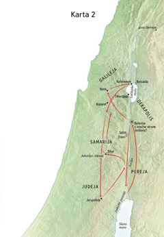 Karta na kojoj su naznačena mjesta u kojima je Isus boravio