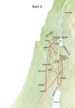 Kort yfir staði sem tengjast ævi Jesú, þar á meðal áin Jórdan og Júdea.
