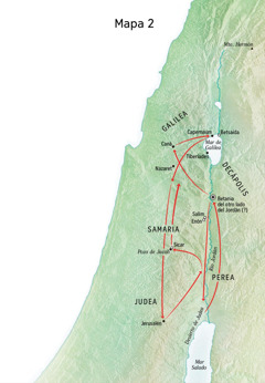 Mapa de lugares relacionados con la vida de Jesús, incluidos el río Jordán y Judea