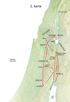 Karte, kurā norādītas ar Jēzus dzīvi saistītas vietas un ģeogrāfiski objekti, piemēram, Jūdeja un Jordāna
