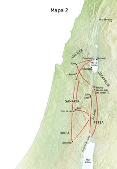 Mapa de lugares relacionados con la vida de Jesús, incluidos el río Jordán y Judea