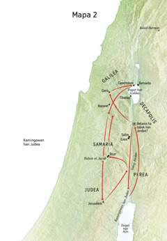 Mapa han mga lokasyon nga may kalabotan ha kinabuhi ni Jesus nga nag-uupod han Salog Jordan ngan Judea