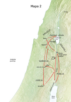 Mapa na kojoj su naznačena mesta u kojima je Isus boravio, kao što su Jordanska dolina i Judeja
