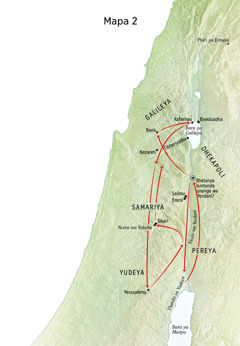 Mapa anapangiza mbuto zidafamba Yezu kuphatanizambo Nkulo wa Yordani na Yudeya
