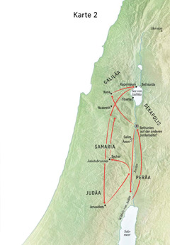 Eine Karte mit Orten aus dem Leben Jesu inklusive Judäa und Jordan