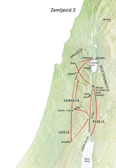 Zemljevid krajev v Jezusovih dneh, med drugim reka Jordan in Judeja